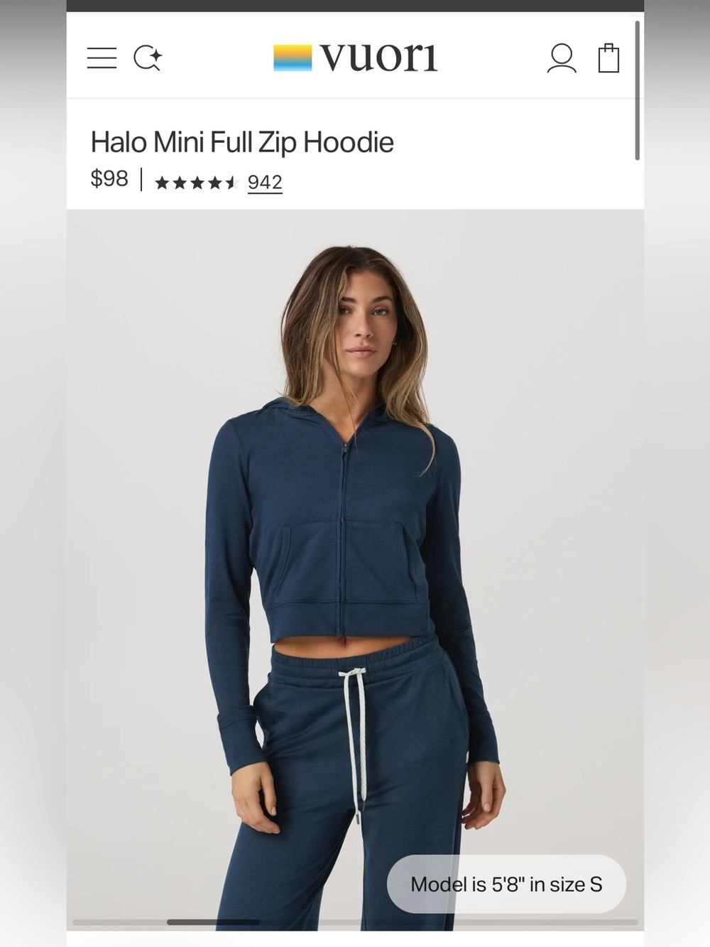 Vuori Halo Mini Full Zip Hoodie XS NWT